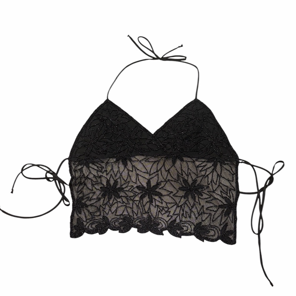 PASSPORT Black Y2K Beaded Floral Halter Top, Size MEDIUM